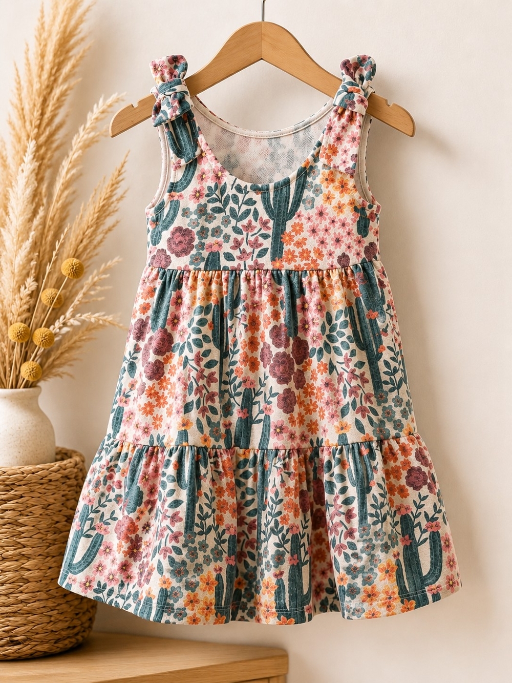 Girls Floral Cactus Tiered Dress - Pink & Teal
